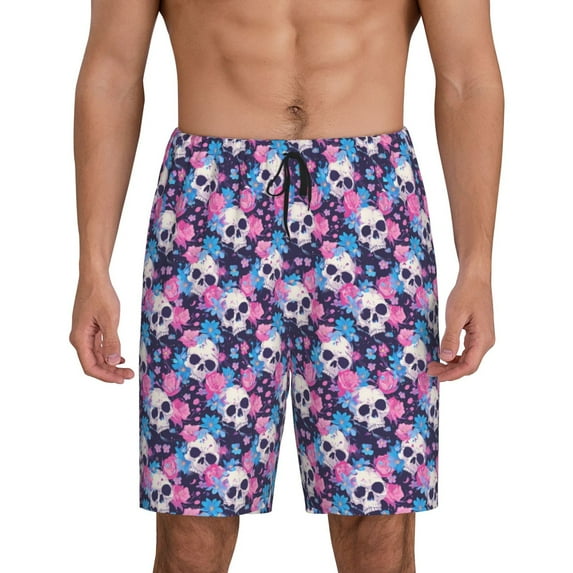 Pofeuu Skull Flower Blue Print Men's Soft Woven Elastic Waistband Sleep Pajama Short-4X-Large