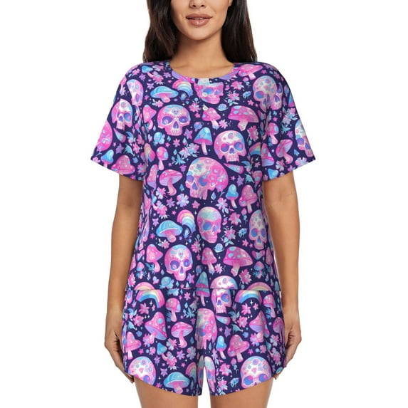 Pofeuu Skull Rainbow Mushroom Print Women's Pajama Set Short/Shorts Soft Button PJs Elastic Drawstring Waist Sleepwear-Large