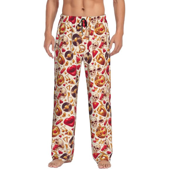 Pofeuu Skull Retro record lips Print Men's Pajama Pants, Soft Lounge Pajama Pants with big pockets for Men Plaid Pj Bottoms-Large