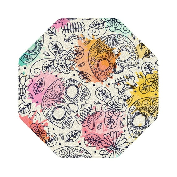 Pofeuu Skull and Flowers Print Leather Coasters Set of 6, Round Cups Mugs Mat Pad for Home Kitchen Heat Resistant Drink Coasters,Octagon