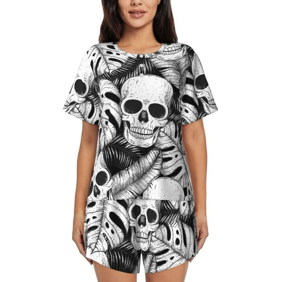 Pofeuu Skull and palm leaves Print Women's Pajama Set Short/Shorts Soft Button PJs Elastic Drawstring Waist Sleepwear-Large