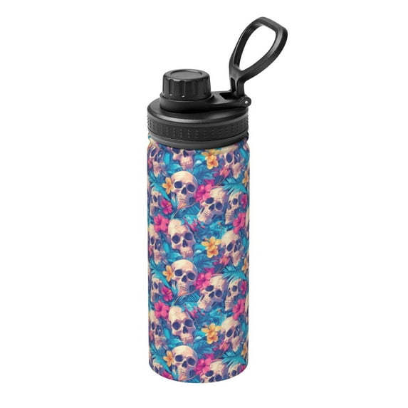Pofeuu Skull blue leaf Print 18oz Sports Insulated Kettle Stainless Steel Vacuum Water Bottle Leakproof Sport Flask