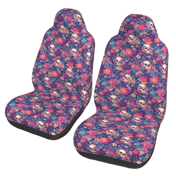 Pofeuu Skull colorful flower daisy Print Automotive Car Seat Covers Flat Cloth Full Set Seat Covers,Car Seat Covers front seats for Cars Trucks and SUVs(Two packs)