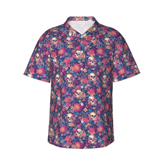 Pofeuu Skull colorful flower daisy Print Hawaiian Shirt for Men Sleeves Casual Button Down Summer Beach Dress Shirts T-Shirts,XX-Large