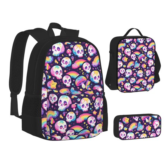 Pofeuu Skull colorful mushroom rainbow Print Backpack Travel Backpacks With Lunch Bag Pencil Bag Set 3 pcs Set Cartoon Backpack