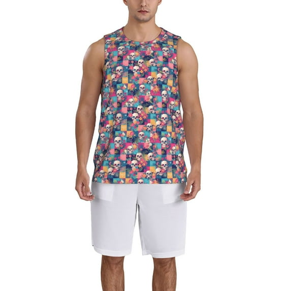 Pofeuu Skull flower leaf Plaid Print Basketball Jersey, Shirts for Men Youth Basketball Jersey Crew Neck-Medium