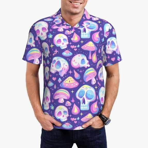 Pofeuu Skull mushroom colorful Print Men's Loose Fit Midweight Short-Sleeve Pocket Polo-Small