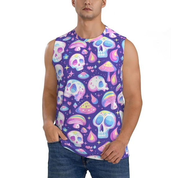 Pofeuu Skull mushroom colorful Print Men's Muscle T-Shirt, Sleeveless, Muscle Tank, Classic Muscle Tee Top For Men Casual Sleeveless Muscle T-Shirt Trendy Clothes-Medium