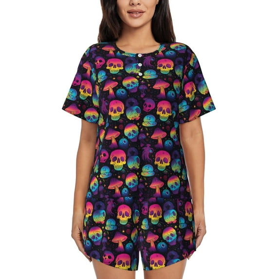 Pofeuu Skull mushroom colorful Print Women's Pajama Set Short/Shorts Soft Button PJs Elastic Drawstring Waist Sleepwear-3X-Large
