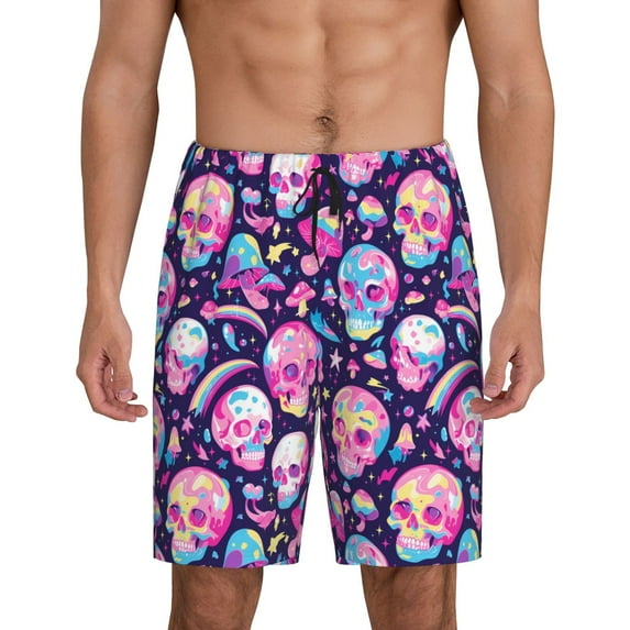 Pofeuu Skull mushroom colorful cute Print Men's Soft Woven Elastic Waistband Sleep Pajama Short-Medium