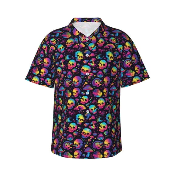 Pofeuu Skull mushroom rainbow color Print Hawaiian Shirt for Men Sleeves Casual Button Down Summer Beach Dress Shirts T-Shirts,3X-Large
