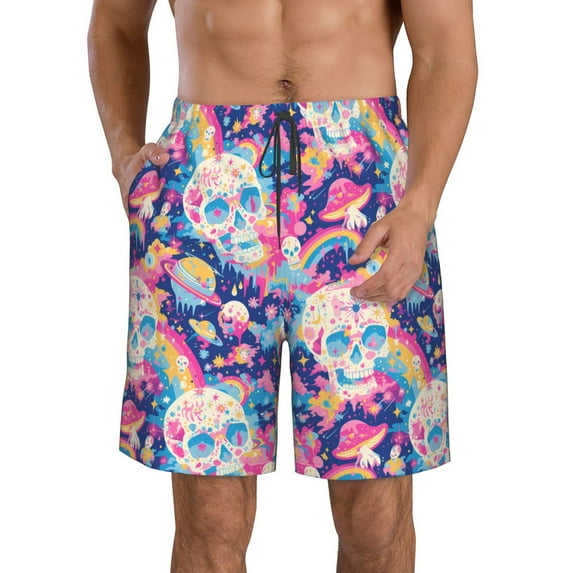 Pofeuu Skull rainbow color space Prin Men's Swim Trunks Quick Dry Bathing Suit Swimming Board Shorts Mesh Lining Beach Swimwear-3X-Large