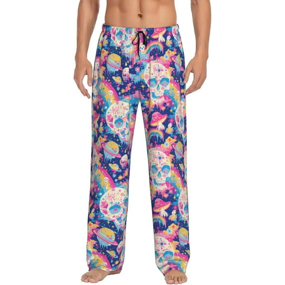Pofeuu Skull rainbow color space Print Men's Pajama Pants, Soft Lounge Pajama Pants with big pockets for Men Plaid Pj Bottoms-Medium