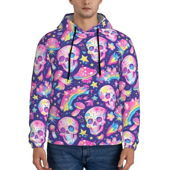 Pofeuu Skull rainbow mushroom colorful Print Mens Casual Hooded Collar Drawstring Hoodies Pullover Sweatshirts Casual Long Sleeve Shirts-Large