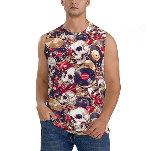 Pofeuu Skull record artist Print Men's Muscle T-Shirt, Sleeveless, Muscle Tank, Classic Muscle Tee Top For Men Casual Sleeveless Muscle T-Shirt Trendy Clothes-Large