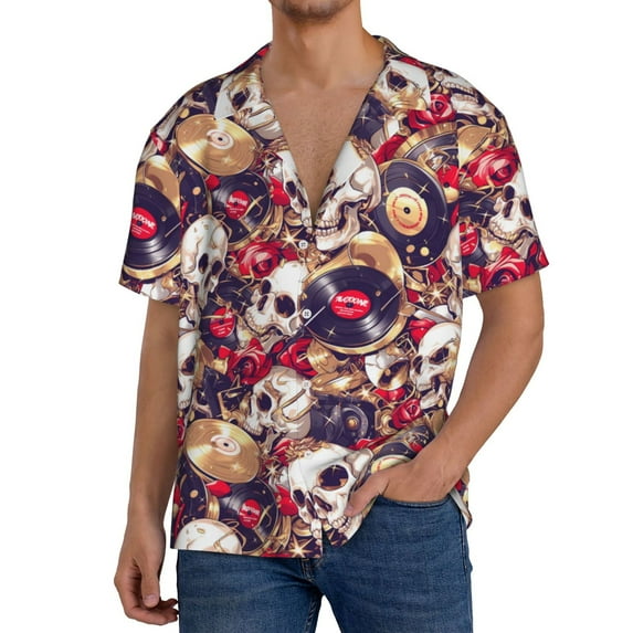 Pofeuu Skull record artist Print Mens Casual Short Sleeve Shirts Beach Summer Spread Collar Pocket Tops Men's Casual Short-sleeved Shirt-4X-Large