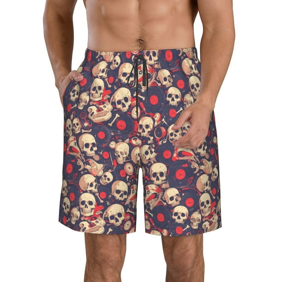 Pofeuu Skull rock music record Prin Men's Swim Trunks Quick Dry Bathing Suit Swimming Board Shorts Mesh Lining Beach Swimwear-3X-Large