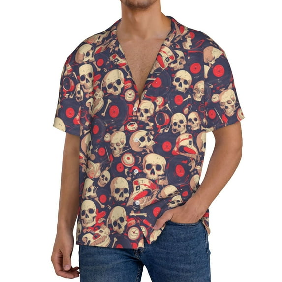 Pofeuu Skull rock music record Print Mens Casual Short Sleeve Shirts Beach Summer Spread Collar Pocket Tops Men's Casual Short-sleeved Shirt-X-Large