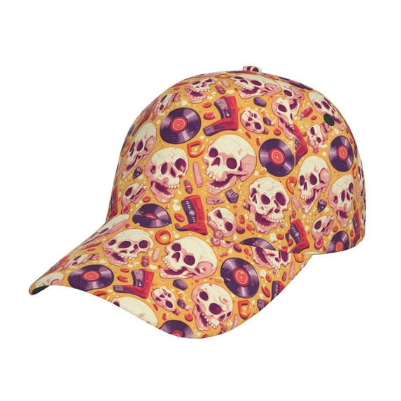 Pofeuu Skull rock record Print Adult Adjustable Embroidered Graphic Baseball Hat for Men and Women