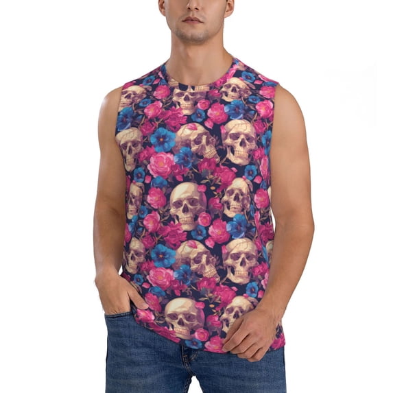 Pofeuu Skull rose blue flower Print Men's Muscle T-Shirt, Sleeveless, Muscle Tank, Classic Muscle Tee Top For Men Casual Sleeveless Muscle T-Shirt Trendy Clothes-Small