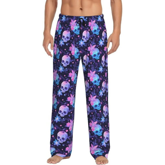 Pofeuu Skull starry sky flower leaf Print Men's Pajama Pants, Soft Lounge Pajama Pants with big pockets for Men Plaid Pj Bottoms-X-Large
