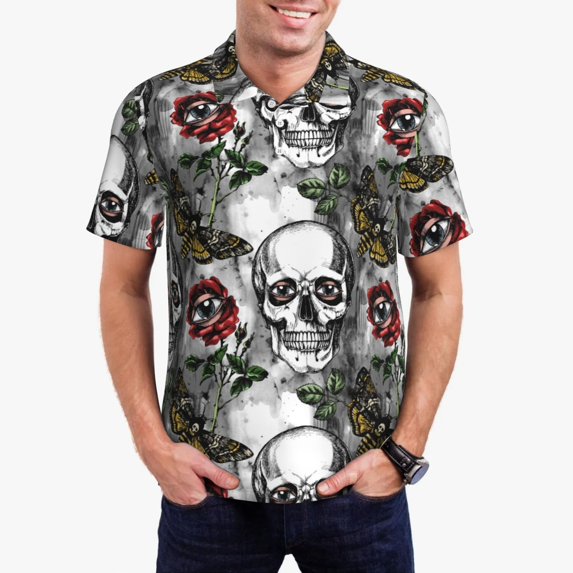 Pofeuu Skulls Roses Print Men's Loose Fit Midweight Short-Sleeve Pocket Polo-Medium