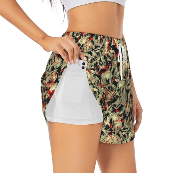 Pofeuu Skulls1 Print Women's Athletic Shorts Running Workout Shorts Tummy Control Quick Dry Gym Shorts with Pockets Double layer sports shorts-Small