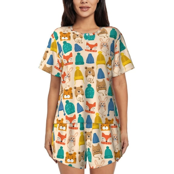 Pofeuu Small Animals with Knit Hat Pattern Print Women's Pajama Set Short/Shorts Soft Button PJs Elastic Drawstring Waist Sleepwear-3X-Large