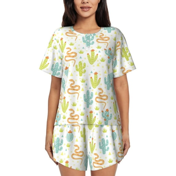 Pofeuu Snake And Cactus Print Women's Pajama Set Short/Shorts Soft Button PJs Elastic Drawstring Waist Sleepwear-Small