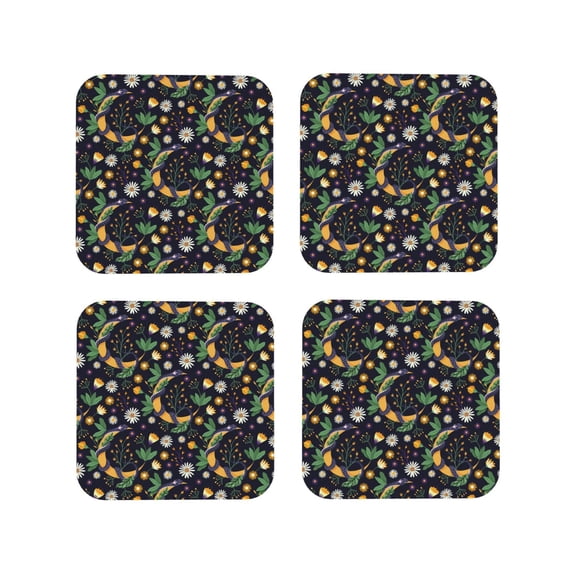 Pofeuu Snake And Flower Print Coasters for Drinks, 4Pack PU Leather Coasters, Bar Drink Coasters for Tabletop Protection, Furniture from Damage-Square
