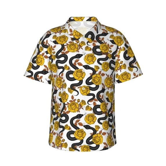 Pofeuu Snake And Rose Print Hawaiian Shirt for Men Sleeves Casual Button Down Summer Beach Dress Shirts T-Shirts,X-Large