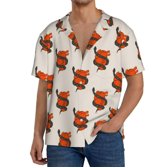 Pofeuu Snake Around Heart Print Mens Casual Short Sleeve Shirts Beach Summer Spread Collar Pocket Tops Men's Casual Short-sleeved Shirt-XX-Large