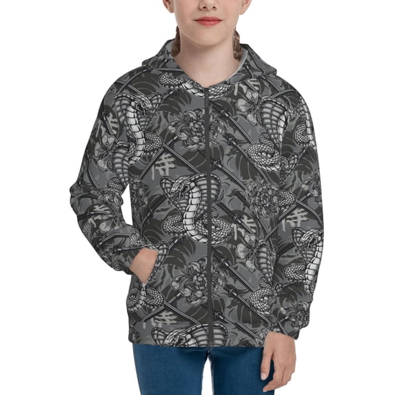 Pofeuu Snake Print Teenage Zipper Hoodie Sweatshirts Hooded Casual Jackets With Pocket For Boys Girls-Small