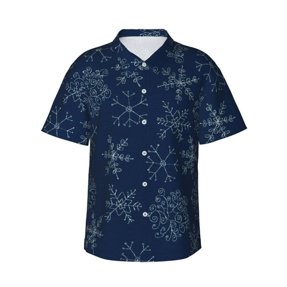 Pofeuu Snowflake Dark Blue Print Hawaiian Shirt for Men Sleeves Casual Button Down Summer Beach Dress Shirts T-Shirts,XX-Large
