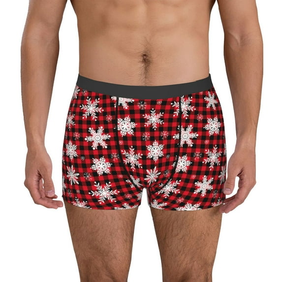 Pofeuu Snowflake red plaid Print Men’s Boxer Briefs, Moisture-Wicking Underwear, Regular,Trunk-XX-Large