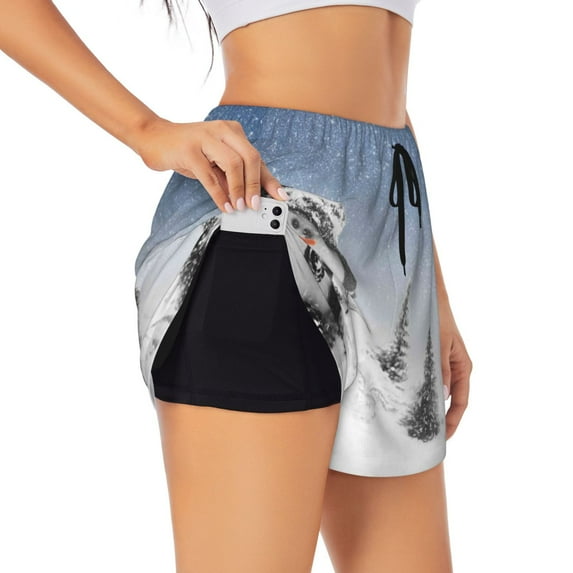 Pofeuu Snowman And Christmas Tree Print Women's Athletic Shorts Running Workout Shorts Tummy Control Quick Dry Gym Shorts with Pockets Double layer sports shorts-Medium