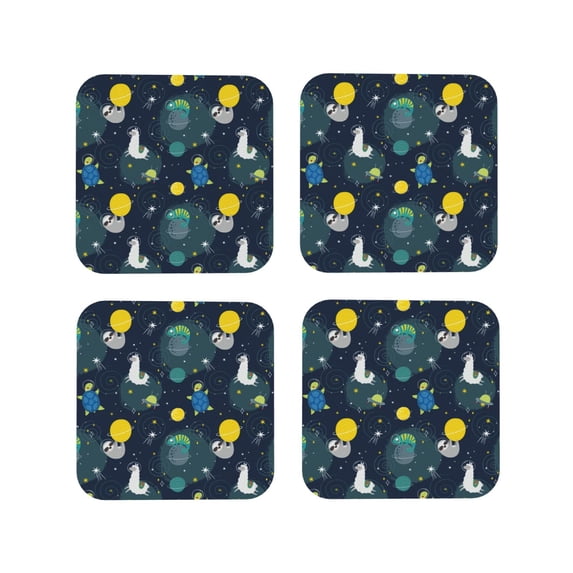 Pofeuu Space and Animals Print Coasters for Drinks, 4Pack PU Leather Coasters, Bar Drink Coasters for Tabletop Protection, Furniture from Damage-Square