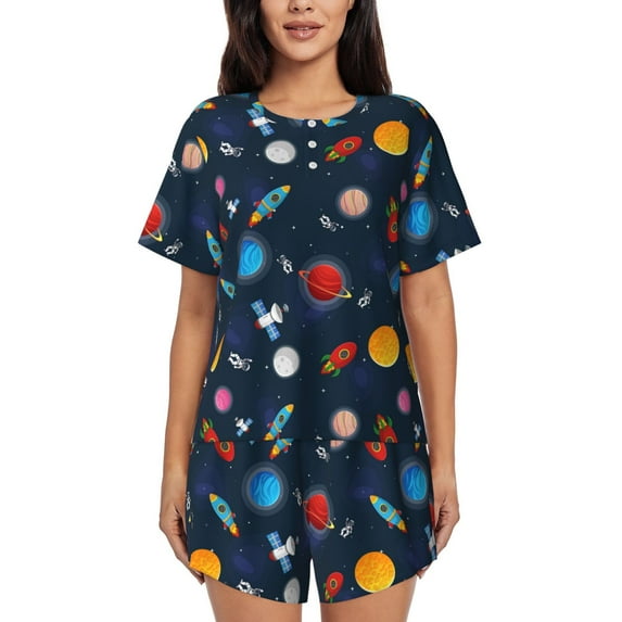 Pofeuu Space Cartoon Print Women's Pajama Set Short/Shorts Soft Button PJs Elastic Drawstring Waist Sleepwear-X-Large
