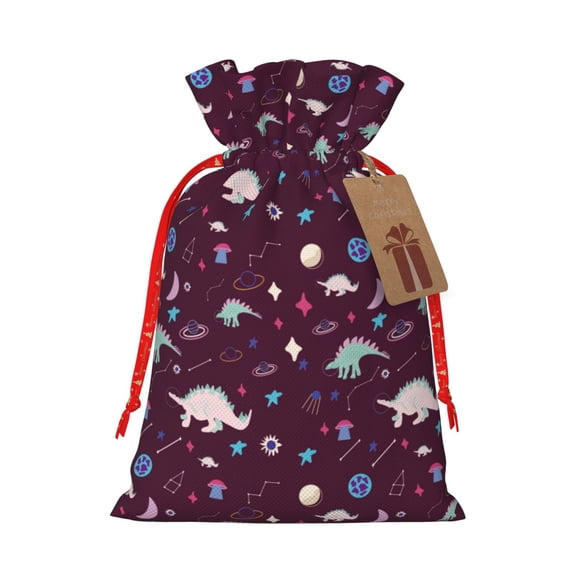 Pofeuu Space Dinosaur Print Burlap Bags with Drawstrings Drawstring Gift Bags Pouch Bag for Thankgiving Birthday Party Gift Wrapping Treats and Party Favors-Medium