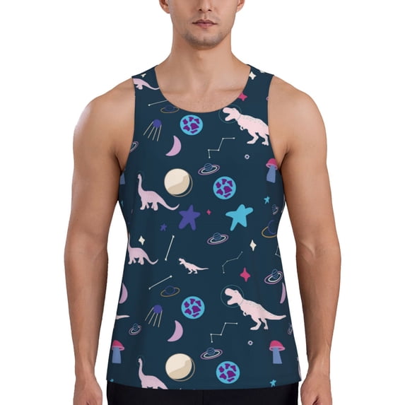 Pofeuu Space Dinosaur Print Men's Workout Tank Tops Sleeveless Muscle Gym Shirt Quick Dry-4X-Large