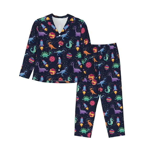Pofeuu Space Dinosaur Print Womens Pajamas Set Long Sleeve Sleepwear Button Down Nightwear Soft Pj Lounge Sets Button Down Pajamas Women-X-Large
