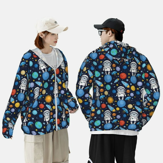 Pofeuu Space Dog Print Sun Protection Outdoor Lightweight Full Zip UV Cooling Hoodie Long Sleeve Summer Clothing for Outdoor Hiking-Medium