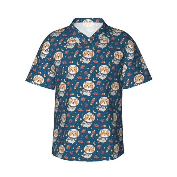 Pofeuu Space Puppy Print Hawaiian Shirt for Men Sleeves Casual Button Down Summer Beach Dress Shirts T-Shirts,X-Large