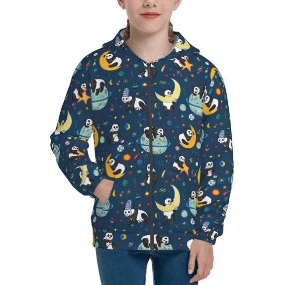 Pofeuu Space Sleeping Panda Print Teenage Zipper Hoodie Sweatshirts Hooded Casual Jackets With Pocket For Boys Girls-Small