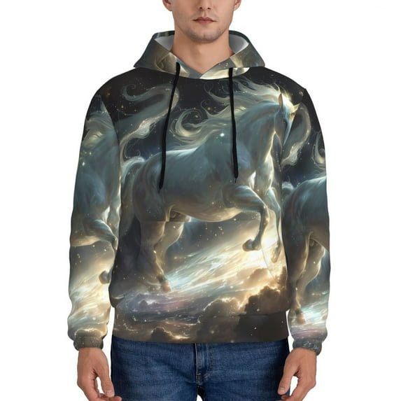 Pofeuu Space White Horse Print Mens Casual Hooded Collar Drawstring Hoodies Pullover Sweatshirts Casual Long Sleeve Shirts-X-Large
