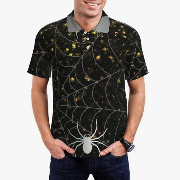 Pofeuu Spiderweb Bats And A Spider Print Men's Loose Fit Midweight Short-Sleeve Pocket Polo-3X-Large