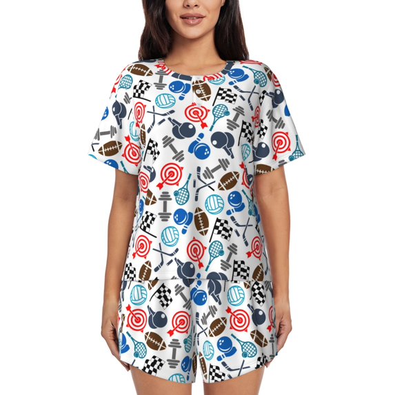 Pofeuu Sport Items Print Women's Pajama Set Short/Shorts Soft Button PJs Elastic Drawstring Waist Sleepwear-Large