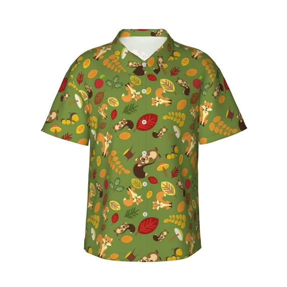 Pofeuu Squirrel And Fox In The Forest Print Hawaiian Shirt for Men Sleeves Casual Button Down Summer Beach Dress Shirts T-Shirts,3X-Large