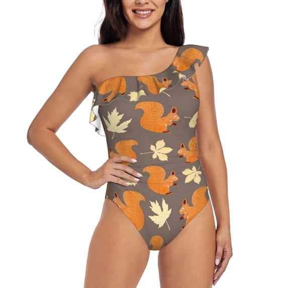Pofeuu Squirrel And Maple Leaves Print Women's One Piece Swimsuits One Shoulder Swimwear Asymmetric Ruffle Monokinis Bathing Suits-XX-Large