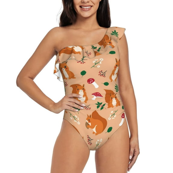 Pofeuu Squirrel And Mushroom Print Women's One Piece Swimsuits One Shoulder Swimwear Asymmetric Ruffle Monokinis Bathing Suits-Large